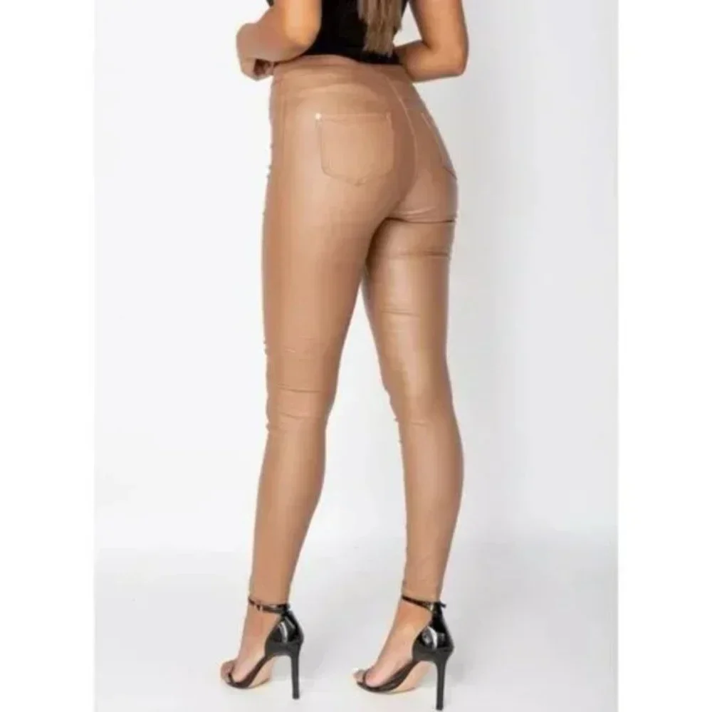 Brown Vegan Leather Faux Leather Coated High Waist Skinny Pants - Picture 7 of 10